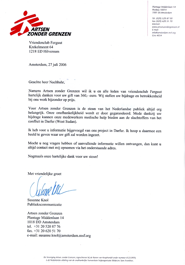 dankbrief van Artsen zonder Grenzen